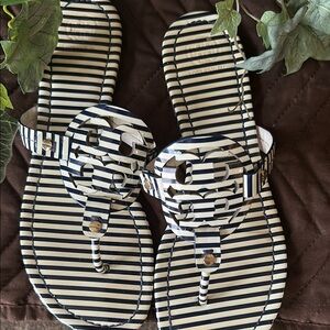 Tory Burch Black and White Striped Sandals with Bow Detail